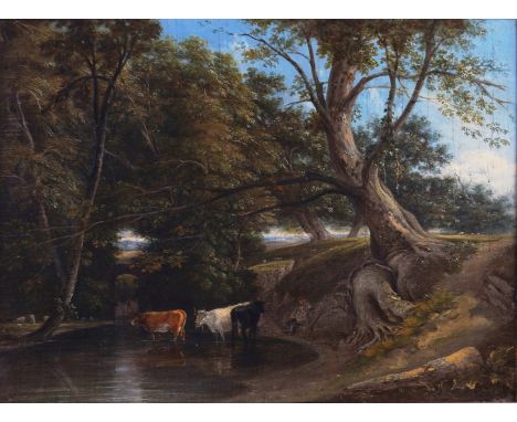 CIRCLE OF HENRY JOHN BODDINGTON (BRITISH, 1811-1865)A drover resting by a pool with cattle wateringoil on canvas39 x 51cmProv
