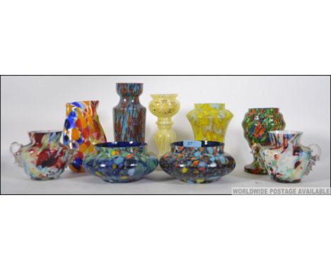 A collection  of studio art glass to include  early 20th century Murano ? tutti frutti style glass flower vases etc  along wi