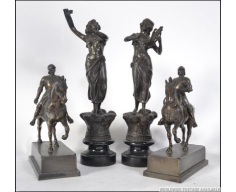 Two pairs of early 20th century spelter figures, the first of a pair of maidens raised on socle bases along with a pair of kn