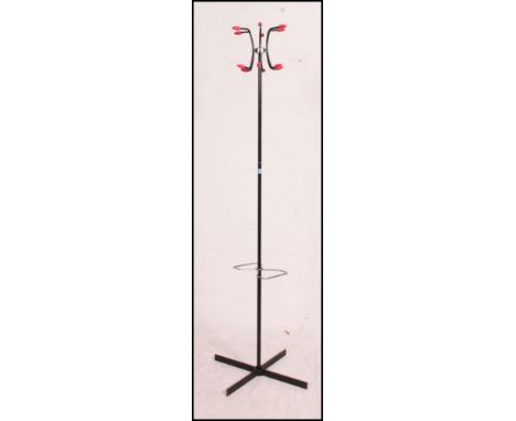 A Retro 1960's vintage atomic coat stand of black frame having red hanging prongs  with chromed stick / umbrella rests