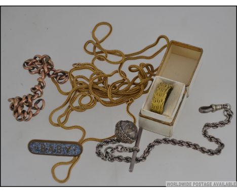 A collection of jewellery to include a 9ct chain (af) along with a vintage enamel ' Baby ' brooch, silver 800 albert chain, g