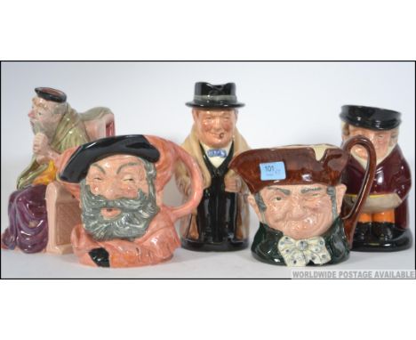 A collection of four Royal Doulton large Toby Jugs to include Falstaff, Winston Churchill, Old Charley, The Huntsman along wi