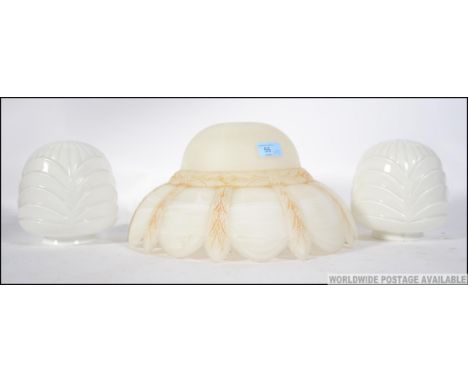 A fabulous frosted thick glass ceiling lamp shade with mottled effect together with 2 milk glass lamp shades, all circa 1930'