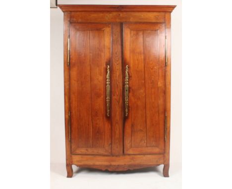 A 19th century French large fruitwood armoire raised on bracket feet with twin full length panel doors enclosing a shelved in