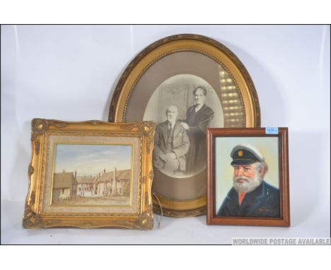 Oil on canvas portrait study painting of a sailor captain together with an oil painting of a village and a black and white vi