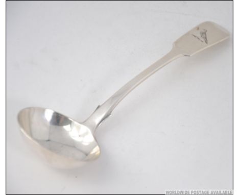 A Victorian silver hallmarked fiddle pattern ladle / spoon 9cm long with  assay mark for London, makers mark for Henry John L