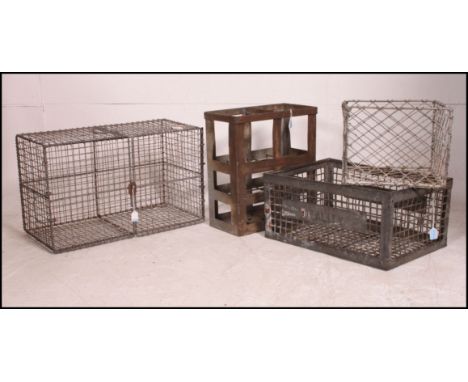 4 vintage 20th century Industrial metal crates to include tote trays, twin door metal rack etc