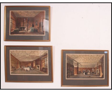 A collection of 3 framed and glazed coloured lithograph prints by John Nash. Each being of a period interior scene. Measures(