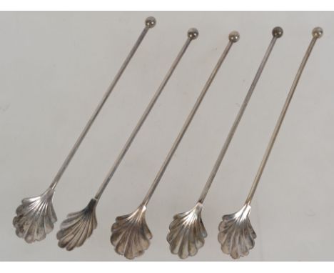 A collection of 5 silver continental sorbet / ice cream spoons having long stems with finial tops, each with acanthus leaf bo