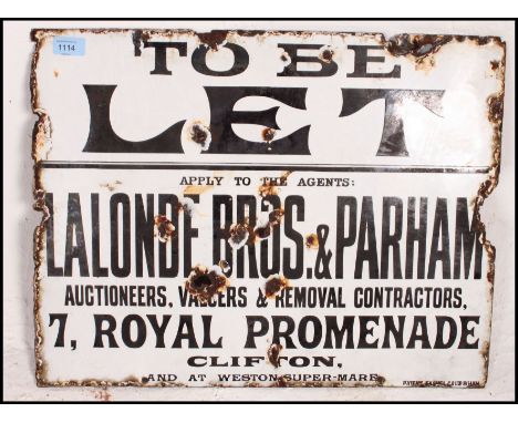 Local Bristol interest - A vintage enamel To Be Let sign for Lalonde Bros and Parham, Auctioneers, Valuers and Removal Contra