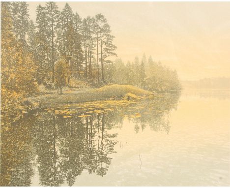  A signed lithograph print by Kenneth Leech entitled Fir Island. The print depicting lake and forest scene being framed and g