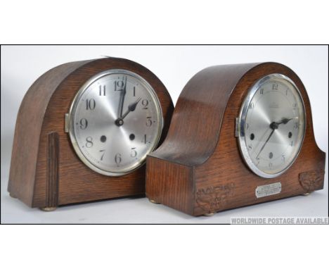 Two 1940's oak cased mantle clocks, the first by F.L.Wilkinson of Exeter and Exmouth along with another. Measures: 23cms high
