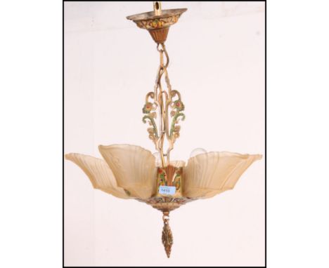 A stunning 1930's Art Deco moulded and coloured glass chandelier / light fitting, each glass shade of shell form