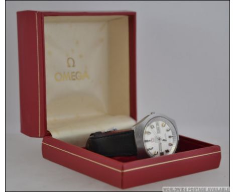 A vintage Omega Electronic Chronometer 300hz gentlemans stainless steel cased wristwatch set to leather strap. Complete with 