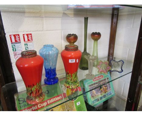 Shelf of glass to include colourful vases