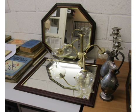 Mirrors, light fitting, candelabra and 2 pewter jugs
