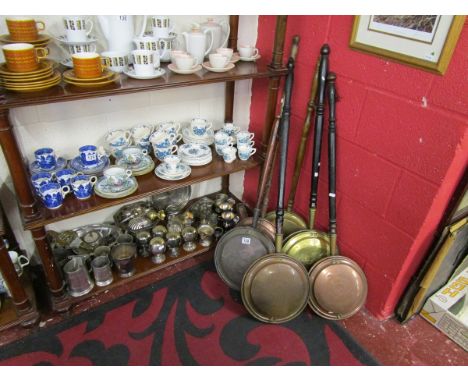 Shelf of silver plate, pewter & warming pans