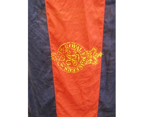 Royal Engineers flag, two Royal Navy officers caps, WWII French gas mask in metal canister, bugle and bag containing cutlery 