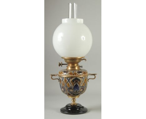 A VERY GOOD DOULTON LAMBETH STONEWARE OIL LAMP by EDITH LUPTON, 1882, with metal fittings and glass shade.