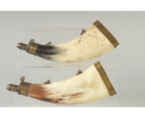 TWO BRASS MOUNTED HORN POWDER FLASKS. 9ins long.