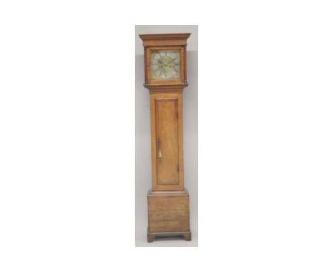 AN 18TH CENTURY OAK LONGCASE CLOCK with eight day movement, square brass dial, the silvered chapter ring signed, L. Hanwell, 