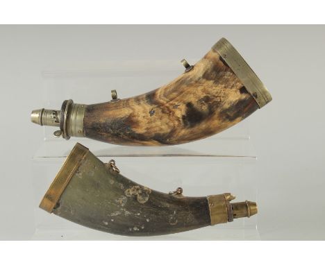 TWO BRASS MOUNTED HORN POWDER FLASKS. 8ins long.