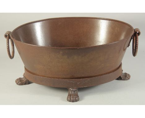 A METAL OVAL PLANTER with ring handles, on claw feet. 18ins high.