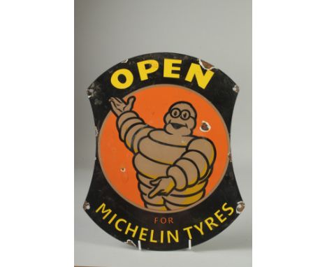 A SHAPED ENAMEL SIGN 'OPEN FOR MICHELIN TYRES' 13.5ins x10.5ins.