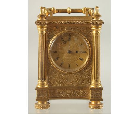 A VERY GOOD SMALL 19TH CENTURY ENGLISH CARRIAGE CLOCK by PERIGAL, DUTERRON, Bond Street, London with engraved case and column