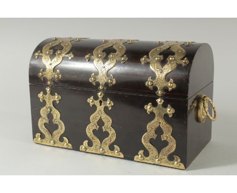 A GOOD LARGE 19TH CENTURY CORMANDEL DOME TOP BRASS MOUNTED TEA CADDY. 12ins long.