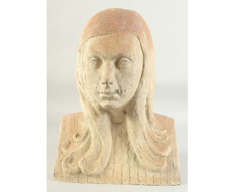 MARY STOURTON AN ART DECO TERRA COTTA BUST OF A YOUNG GIRL with long hair. Signed, Mary Stourton. 16ins high.