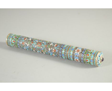 A GOOD RUSSIAN SILVER ENAMEL CIGAR DRUM. Stamped, 84. 7.5ins long, 1in diameter.