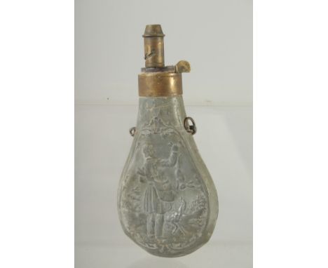 A GOOD SMALL COPPER POWDER FLASK repousse with a man holding a rabbit. 6ins long dinted.