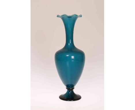 LINTHORPE POTTERY, NO. 1637A TURQUOISE GLAZED VASE, of pedestal form with slender neck and undulating rim, impressed marks. 2