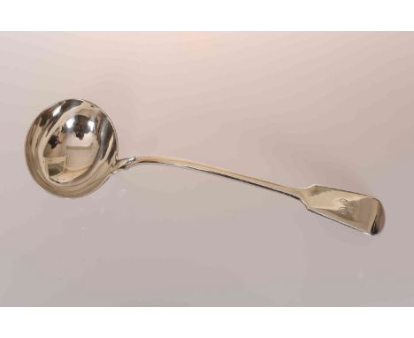 A WILLIAM IV SILVER SOUP LADLE, William Eaton, London 1830, fiddle pattern, engraved H. 9.2oz, 33.5cm