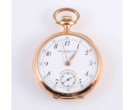 A SMALL PATEK, PHILIPPE & CIE 18 CARAT GOLD OPEN FACE POCKET WATCH, the white enamel dial with Arabic numerals and subsidiary