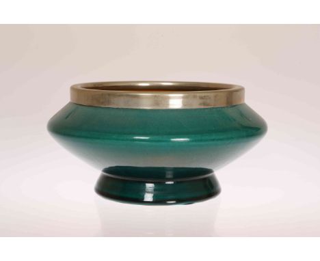 LINTHORPE POTTERY, NO. 467A SALAD BOWL, DESIGNED BY CHRISTOPHER DRESSER, circular with EPNS rim, green glazed, impressed Henr