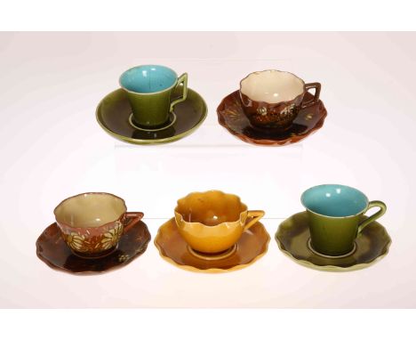 LINTHORPE POTTERY, NOS. 639, 1395, 1401, 1427 AND 1738A COLLECTION OF FIVE CUPS AND SAUCERS, various shaped and glazes, impre