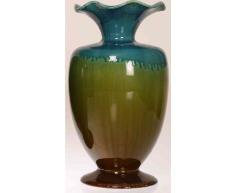 LINTHORPE POTTERY, NO. 1784A VASE WITH TURQUOISE DRIP GLAZE, of shouldered ovoid form with circular foot and undulating neck 