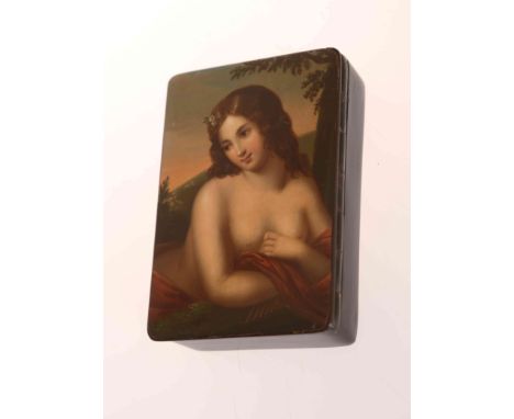 A GERMAN PAPIER-MACHE SNUFF BOX BY MEYER & WRIED, POST 1832, rectangular, the cover painted with a portrait of a semi nude ma