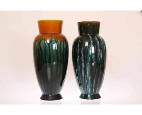 LINTHORPE POTTERY, NO. 477 TWO LARGE OVOID VASES, with collared necks, mottled and drip glazed, impressed marks. (2) 35.5cm a