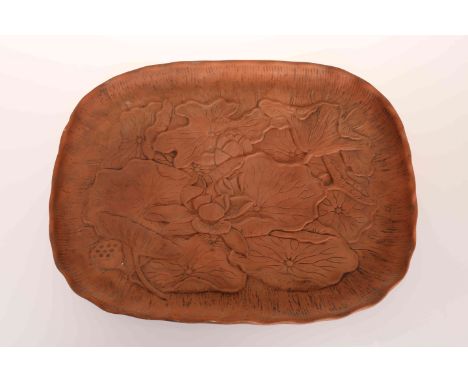 LINTHORPE POTTERY, NO. 441 AN UNGLAZED TERRACOTTA TRAY, DESIGNED BY CHRISTOPHER DRESSER, moulded with water lilies, Henry Too
