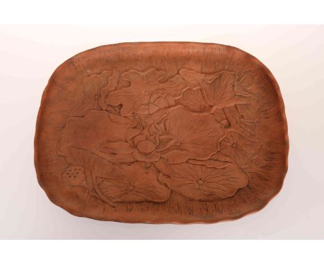 LINTHORPE POTTERY, NO. 441 AN UNGLAZED TERRACOTTA TRAY, DESIGNED BY CHRISTOPHER DRESSER, moulded with water lilies, Henry Too