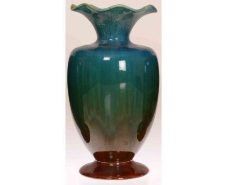 LINTHORPE POTTERY, NO. 1784A TURQUOISE GLAZED VASE, of shouldered ovoid form with circular foot and undulating neck rim displ