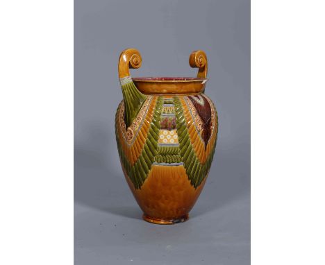 LINTHORPE POTTERY, NO. 2253A LARGE VASE OF EGYPTIAN INFLUENCE, with two volute scroll handles, decorated with a geometric pat