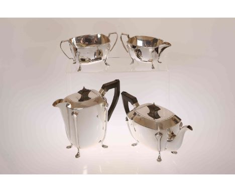 A SILVER FOUR PIECE TEA SERVICE IN ART DECO STYLE, Sheffield 1950, maker S&W, comprising teapot, hot water pot, cream jug and