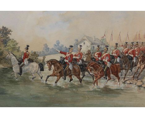 FOLLOWER OF R. SIMKIN, MILITARY SCENE, the 16th Lancers on maneuvers, watercolour, inscribed with title verso, unsigned, fram