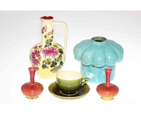 LINTHORPE POTTERY, NOS. 639, 641, 1141, 2024 AND 2072A GROUP including a turquoise glazed oil lamp reservoir, cup and saucer,