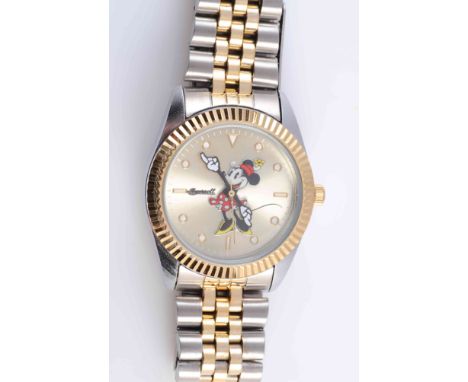 AN INGERSOLL DISNEY BI-COLOUR STAINLESS STEEL WRISTWATCH, the circular dial with centre sweep seconds and centred by Minnie M