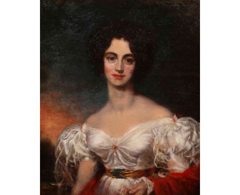 ATTRIBUTED TO SIR THOMAS LAWRENCE (1769-1830), PORTRAIT OF MRS COLLARD SEATED IN A WHITE DRESS AND RED SHAWL, oil on canvas, 